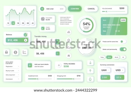 User interface elements set for Banking mobile app or web. Kit template with HUD, credit card management, income balance data, money transfer, online account. Pack of UI, UX, GUI. Vector components.