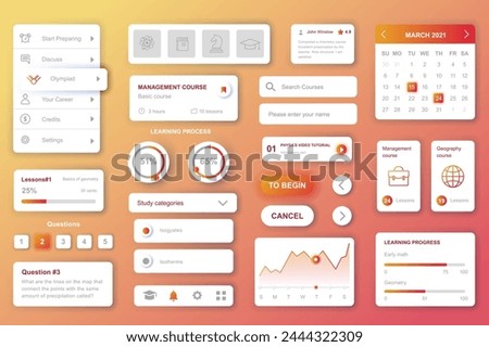 User interface elements set for Education mobile app or web. Kit template with HUD, courses management, learning process data, online lessons, student account. Pack of UI, UX, GUI. Vector components.