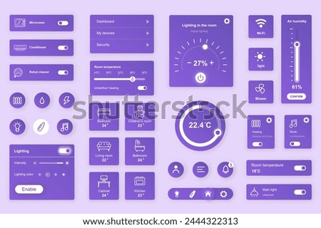 User interface elements set for Smart home mobile app or web. Kit template with HUD, automation system, remote monitoring, room thermostat control, security. Pack of UI, UX, GUI. Vector components.