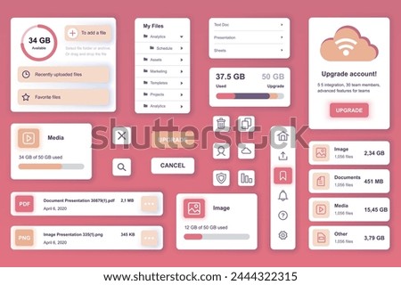 User interface elements set for Cloud storage mobile app or web. Kit template with HUD, file management, online security system, account upgrade, hosting data. Pack of UI, UX, GUI. Vector components.