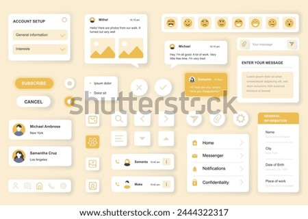 User interface elements set for Messenger mobile app or web. Kit template with HUD, account setup, chats, emoji, subscribe, business network, online contacts. Pack of UI, UX, GUI. Vector components.
