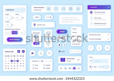 User interface elements set for Delivery mobile app or web. Kit template with HUD, parcel dimensions, calendar, online package tracking, courier route shipping. Pack of UI, UX, GUI. Vector components.