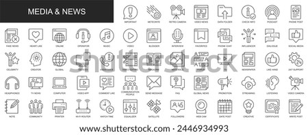 Media and news web icons set in thin line design. Pack of phone post, likes, blogger, interview, video, favorite, influence, dialogue, influence, other outline stroke pictograms. Vector illustration.