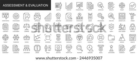Assessment and evaluation web icons set in thin line design. Pack of auditor, presentation, report, results, target, satisfaction, rating, award, other outline stroke pictograms. Vector illustration.