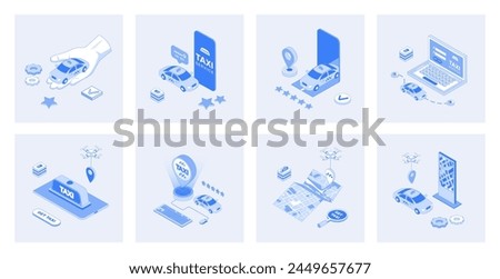 Taxi service 3d isometric concept set with isometric icons design for web. Collection of online car booking, map navigation in mobile app, ordering cab with best driver rating. Vector illustration