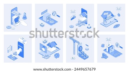 Mobile banking 3d isometric concept set with isometric icons design for web. Collection of cash withdrawal at atm, fingerprint access in bank app, financial account management. Vector illustration