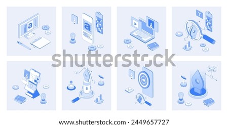 Designer studio 3d isometric concept set with isometric icons design for web. Collection of drawing tools, interface layout engineering, typography and graphic content creation. Vector illustration