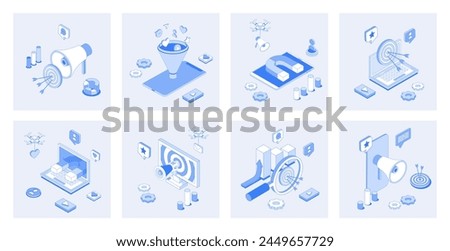 Digital marketing 3d isometric concept set with isometric icons design for web. Collection of online promotion megaphone, sales funnel, viral advertising content, blog analytics. Vector illustration