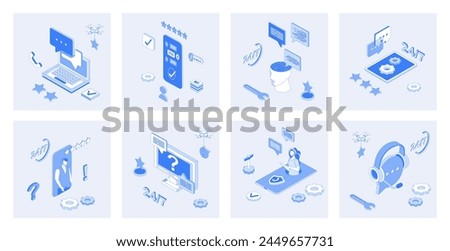 Customer support 3d isometric concept set with isometric icons design for web. Collection of clients chat or call, solving problems online, technical solution center with feedback. Vector illustration