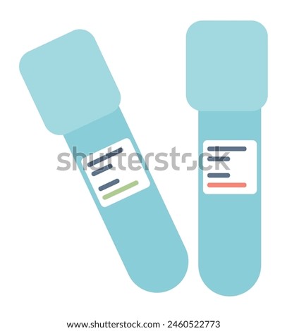 Test tubes for liquid samples in flat design. Laboratory flask with labels. Vector illustration isolated.