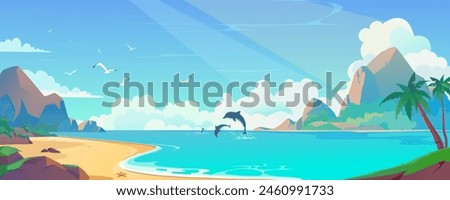 Sea beach background banner in cartoon design. Tropical sand lagoon landscape with palm trees, mountain rocks with day clouds, flying seagulls and jumping dolphins view. Vector cartoon illustration