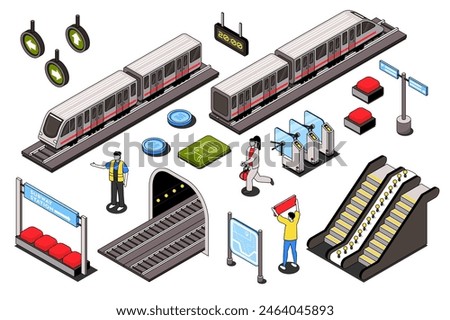 City subway 3d isometric mega set. Collection flat isometry elements and people of underground metro station, trains on railway, direction signboard, route map, waiting seats. Vector illustration.