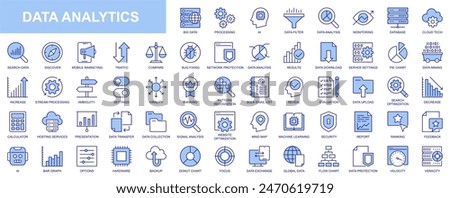 Data analytics web icons set in duotone outline stroke design. Pack pictograms with processing, ai, analysis, monitoring, database, cloud tech, marketing, traffic, result, server. Vector illustration.