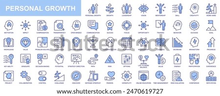 Personal growth web icons set in duotone outline stroke design. Pack pictograms with leadership, vision, mentor, skill, creativity, work hard, motivation, compensation, open mind. Vector illustration.