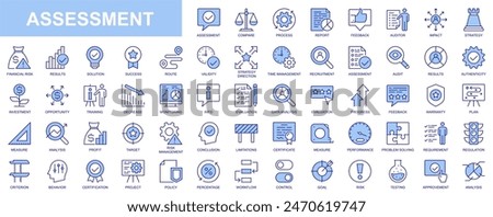 Assessment web icons set in duotone outline stroke design. Pack pictograms with compare, process, report, feedback, auditor, impact, strategy, financial risk, solution, success. Vector illustration.