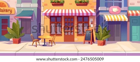 City street cafe background banner for game design. Small business cityscape with outdoor chairs and table of restaurant by cafeteria and bakery, shop entrance in building. Vector cartoon illustration