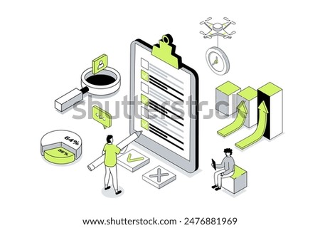 Survey 3d isometric concept in outline isometry design for web. People answering in questionnaire or quiz form, giving client feedback, choosing and marking in test checklist. Vector illustration.