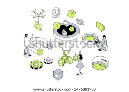 Social media funnel 3d isometric concept in outline isometry design for web. People using lead generations strategy with cone, attracting new audience and converting into buyers. Vector illustration.