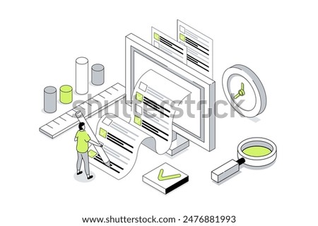 Online survey 3d isometric concept in outline isometry design for web. People giving feedback and evaluation, marking answer in questionnaire, voting in digital form on computer. Vector illustration.