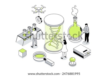 Science laboratory 3d isometric concept in outline isometry design for web. People researching dna molecule in glass, doing genetic tests and clinical experiments in flasks. Vector illustration.