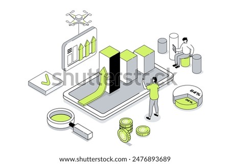 Business strategy 3d isometric concept in outline isometry design for web. People analyzing financial data, planning work tasks, achieving goals, developing success company. Vector illustration.