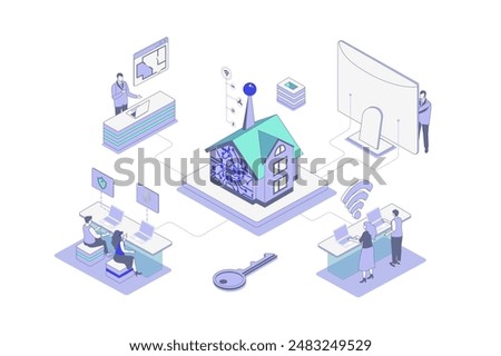 Smart home isometric concept in outline isometry design for web. People monitoring and controlling security systems, surveillance cameras, appliance and other sensors in house. Vector illustration.