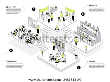 University 3d isometric concept in outline design for web. People learning in isometry audience rooms, students studying in computer lab and library, working at science fair. Vector illustration.