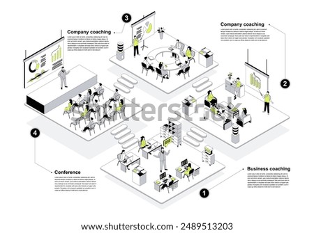 Business training 3d isometric concept in outline design for web. People learning in isometry rooms at company coaching, conference meeting hall, teacher presentation class. Vector illustration.