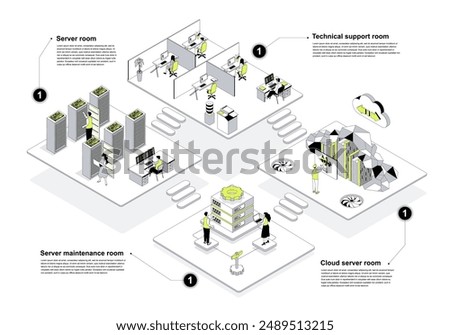 Data center 3d isometric concept in outline design for web. People working in isometry rooms in technical support rooms, server maintenance and cloud processing departments. Vector illustration.