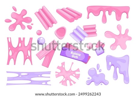 Bubble gum splashes mega set elements in flat graphic design. Bundle objects of pink and purple chewy sweet candies, jelly stains, slimy stripes, gummy and sticky stretchy forms. Vector illustration.