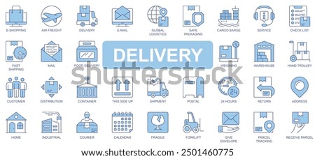 Delivery icons set in duotone outline stroke design for web. Pack pictograms of e-shopping, freight, email, global logistic, safe packaging, cargo, fast shipping, courier, other. Vector illustration.