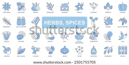 Herbs and spices icons set in duotone outline stroke design for web. Pack pictograms of star anise, oregano, fennel, tarragon, vanilla, caraway, parsley, paprika, rosemary, other. Vector illustration.