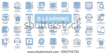 E-learning icons set in duotone outline stroke design for web. Pack pictograms of global education, study program, video lesson, library, online reading, ebook, webinar, other. Vector illustration.