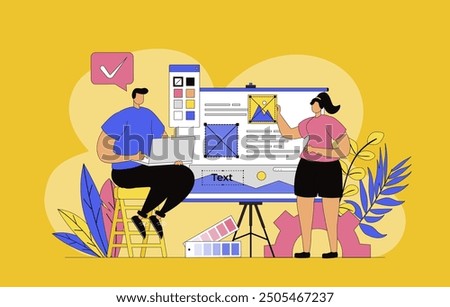 Designers agency concept with modern flat design for web. Man and woman working on creative project, making graphics content and site layout elements, optimizating visual page. Vector illustration.