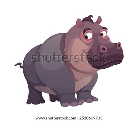 flat vector illustration of a cute african hippo with a cheerful expression standing on a white background full body drawing with nice colors and simple style