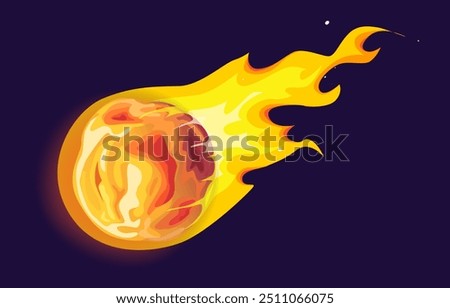 A beautiful flat vector illustration of a meteor shooting through a dark space background leaving behind bright fiery tails in the night sky