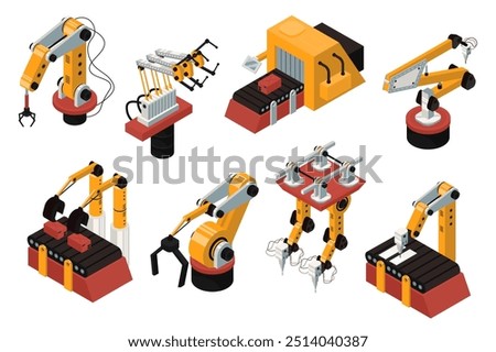 Robot automation 3d isometric mega set in isometry graphic design. Collection elements of different types robotic arms and tools for automatic manufacturing and conveyer lines. Vector illustration.