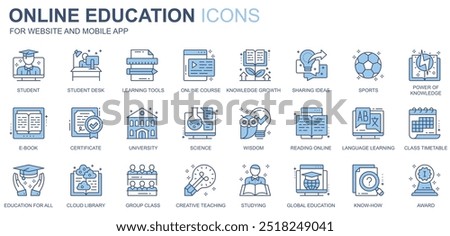 Online education web icons set in duotone line design. Pack of student, desk, learning tools, course, knowledge growth, sharing idea, university, other outline stroke pictograms. Vector illustration