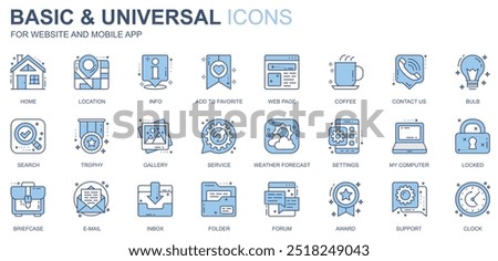 Basic and universal web icons set in duotone line design. Pack of home, location, info, add to favorite, webpage, coffee, contact, search, gallery, other outline stroke pictograms. Vector illustration