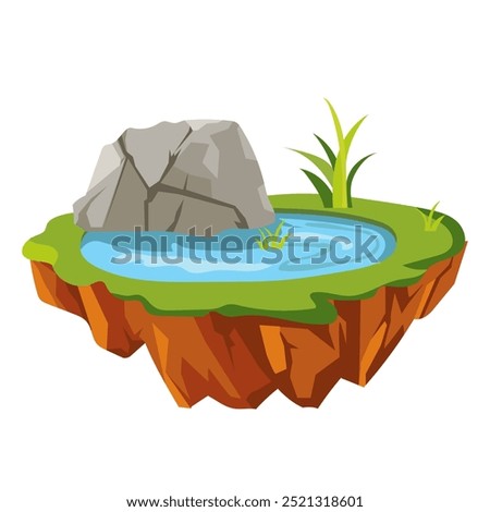 Flying ground island in flat design. Level platform with rocks, lake and grass. Vector illustration isolated.