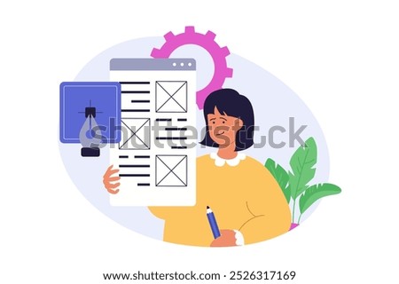 Design development concept in modern flat design for web. Woman building layout, placing content blocks in template, working with illustrator tools, creating graphics and fonts. Vector illustration.