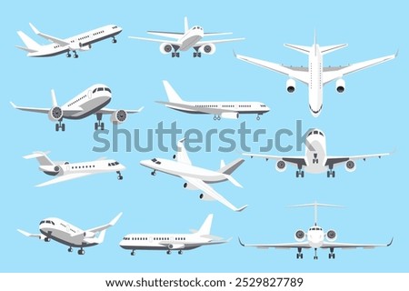 Airplanes in different angles mega set elements in flat graphic design. Collection objects of air transport in front, side, top and back view. Passenger or cargo plane flight. Vector illustration.