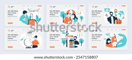 Travel concept of landing page with slide templates set in flat design. Website headers with people go in vacation, travelling in couple, booking tickets, planning global trip. Vector illustrations.