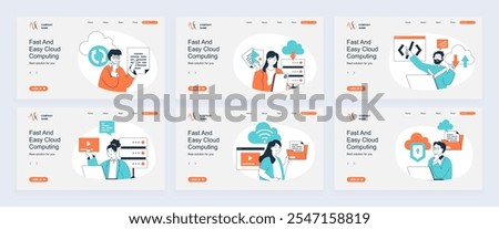 Cloud computing concept of landing page with slide templates set in flat design. Website headers with people do online sync, work with digital files and using cloud storage. Vector illustrations.