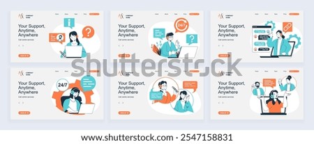 Call center concept of landing page with slide templates set in flat design. Website headers with people answering calls, online messages in support service, consulting clients. Vector illustrations.