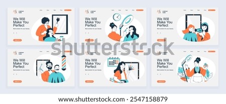 Beauty salon concept of landing page with slide templates set in flat design. Website headers with people doing haircut or hairstyle, get face cream, beard shaving in barbershop. Vector illustrations.