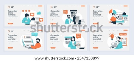 Copywriter concept of landing page with slide templates set in flat design. Website headers with people working as online journalists, write articles, make posts in social media. Vector illustrations.