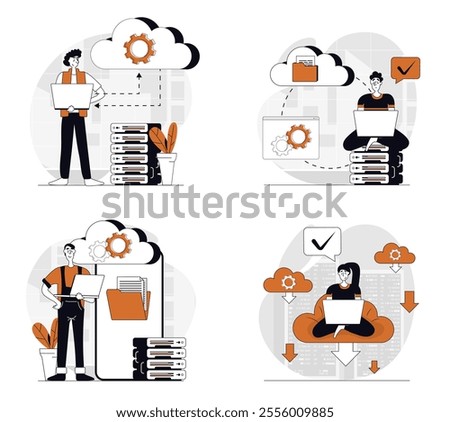 Cloud computing concept set in flat design for web. Collection with people using cloud technology, making sync and data backup, working with database and online files storage. Vector illustrations.