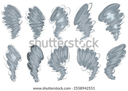 Tornado set elements in flat graphic design. Collection of hurricane air and whirlwinds, grey twisters, destruction whirlpool, thunderstorm cyclone vortex, bad weather symbols. Vector illustration.