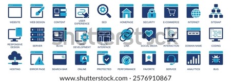 Website icon set in flat duotone solid icons web design. Pack pictograms with content, user experience, seo, homepage, security, ecommerce, internet, server, blog, link, other. Vector illustration.